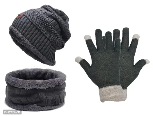 BB-Buttons  Bows Winter Cap, Neck Scarf/Neck Warmer With Hand Gloves Touch Screen For Unisex, Warm Neck  Cap (Cap+Neck Set+Gloves-Grey)
