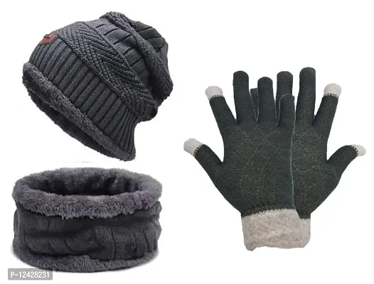 BB-Buttons  Bows Winter Cap, Neck Scarf/Neck Warmer With Hand Gloves Touch Screen For Unisex, Warm Neck  Cap (Cap+Neck Set+Gloves-Grey)-thumb0