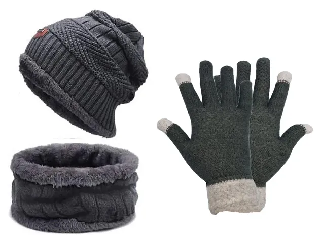 Siberian Clothing Winter Woolen Cap, Neck Warmer Scarf with Tuch Gloves Set| Beanie Style| 3 Piece Set| Warm Winter Neck Scarf, Tuch Gloves and caps Suitable for Men and Women|Stylish (Grey)