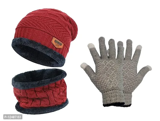 Buttons  Bows Winter Cap, Neck Scarf/Neck Warmer with Hand Gloves Touch Screen for Men  Women, Warm Neck and Cap (Cap+Neck Set+Gloves-Red)