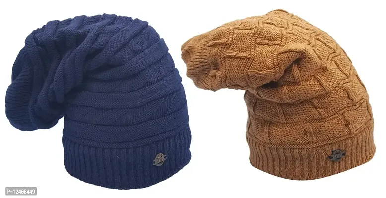 Buttons  Bows Knitted Beanie/Woolen Winter Cap with fleece, Unisex Knitted Beanie Cap for Men  Women,-02 Pieces, Blue - Brown