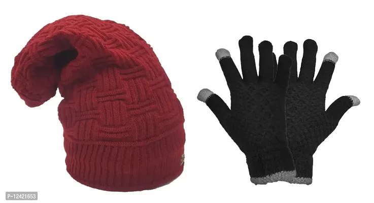 Buttons  Bows Winter Beanie Cap with Hand Gloves Touch Screen for Men  Women, Warm Cap (Maroon-A)