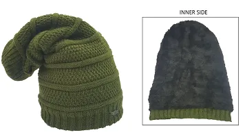 Buttons & Bows Winter Knitted Beanie Cap with fleece, Unisex Cap for Men & Women- Pack of 01 (Green, 1)-thumb3