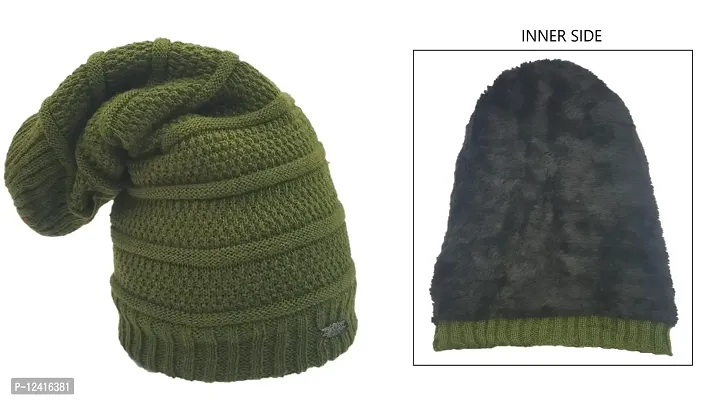 Buttons & Bows Winter Knitted Beanie Cap with fleece, Unisex Cap for Men & Women- Pack of 01 (Green, 1)-thumb4