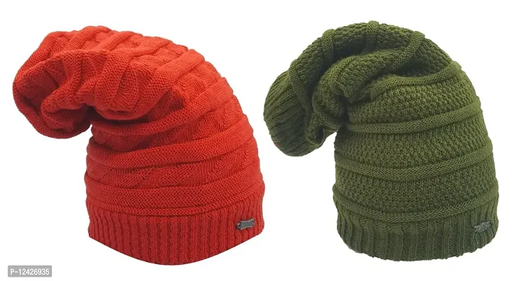 Buttons & Bows Knitted Beanie/Woolen Winter Cap with fleece, Unisex Knitted Beanie Cap for Men & Women,-02 Pieces, Red-Green