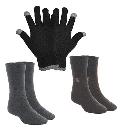 Buttons & Bows Unisex Woolen Socks With Touchscreen Hand Gloves for winter - Assorted