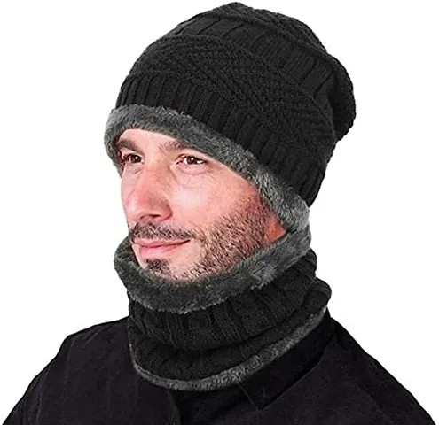 YOVIEX Warm Knitted Fur Lined Winter Beanie Cap Neck Scarf Set for Men and Women - 2 Pieces Cap Hat Neck Warmer Scarf