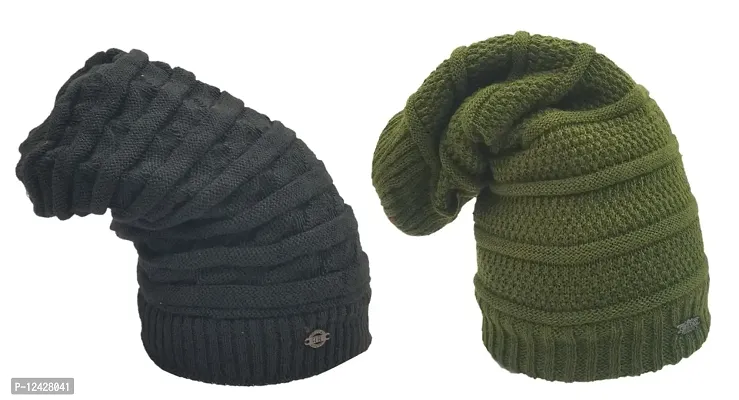 Buttons & Bows Knitted Beanie/Woolen Winter Cap with fleece, Unisex Knitted Beanie Cap for Men & Women,-02 Pieces, Black - Green