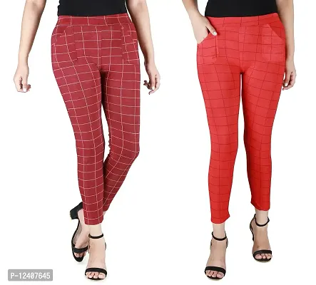 Buttons  Bows Women Jegging/Treggings,Waist Size: 26-36 Inch,Body fit,Stretchable Formal Pants with Check Pattern,Ankle Length,02 Pockets,Lycra Blend Fabric,Gym/Yoga wear,Casual/Office Wine-RED-thumb0