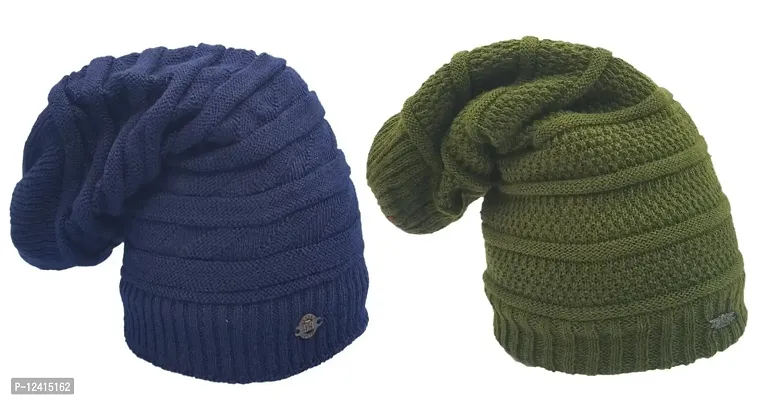 Buttons  Bows Knitted Beanie/Woolen Winter Cap with fleece, Unisex Knitted Beanie Cap for Men  Women,-02 Pieces, Blue - Green-thumb0