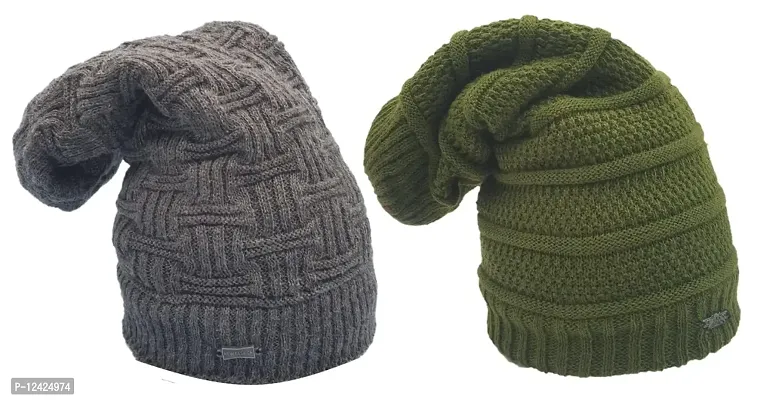 Buttons & Bows Knitted Beanie/Woolen Winter Cap with fleece, Unisex Knitted Beanie Cap for Men & Women,-02 Pieces, Dark Grey - Green