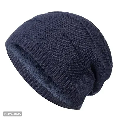 Buttons  Bows Winter Knitted Beanie Cap with Fleece, Unisex Cap for Men  Women (Short Beanie (Dark Blue), 1)-thumb0