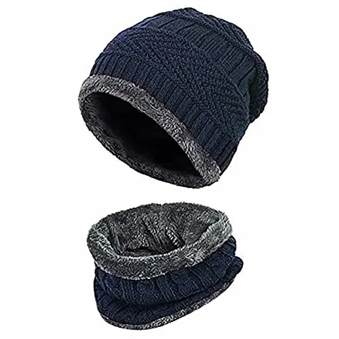 Buttons & Bows Knitted Winter Cap & Neck Scarf with fleece, Unisex Beanie Cap with Neck Warmer for Men & Women, warm neck and cap set