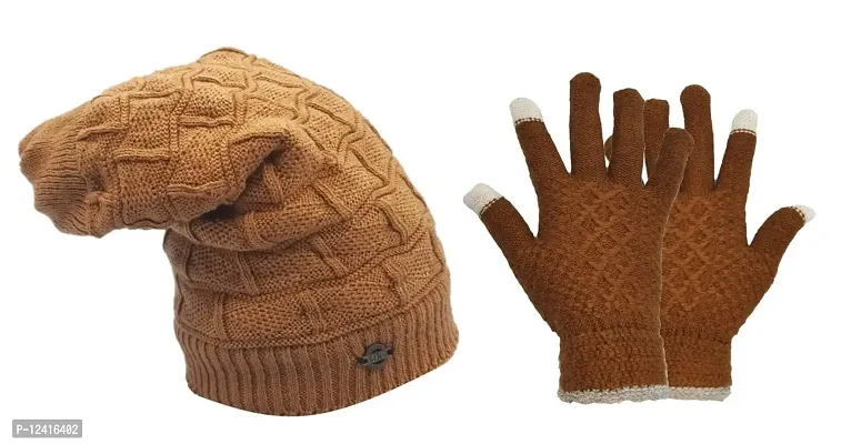 Buttons  Bows Winter Beanie Cap with Hand Gloves Touch Screen for Men  Women, Warm Cap (Brown)