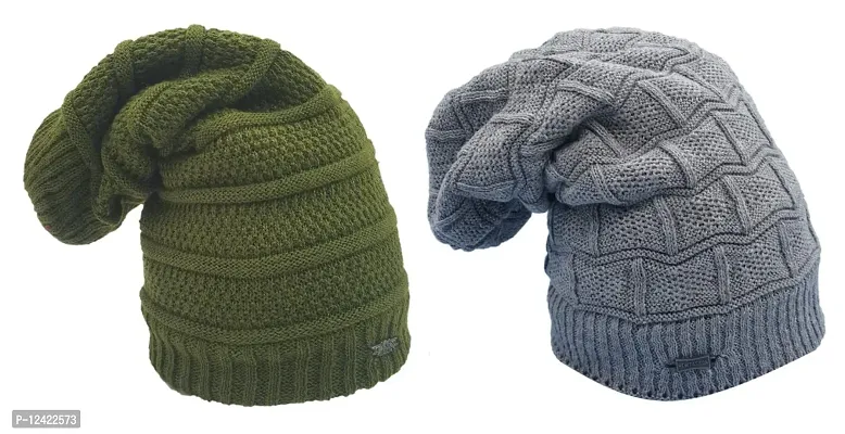 Buttons  Bows Knitted Beanie/Woolen Winter Cap with fleece, Unisex Knitted Beanie Cap for Men  Women,-02 Pieces, Grey - Green