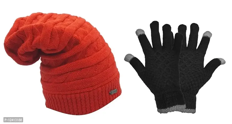 Buttons  Bows Winter Beanie Cap with Hand Gloves Touch Screen for Men  Women, Warm Cap (Red-A)-thumb0