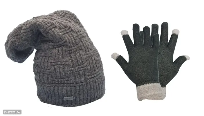Buttons  Bows Winter Beanie Cap with Hand Gloves Touch Screen for Men  Women, Warm Cap (Dark Grey)