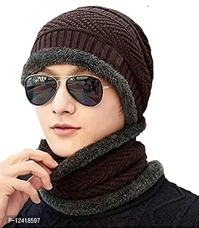 BB-Buttons  Bows Knitted Winter Cap  Neck Scarf with Fleece, Unisex Beanie Cap with Neck Warmer for Men  Women, Warm Neck and Cap Set (1-Pair), Brown, Free Size