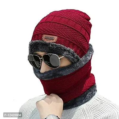 Buttons  Bows Knitted Winter Cap  Neck Scarf with Fleece, Unisex Beanie Cap with Neck Warmer for Men  Women, Warm Neck and Cap Set- Set of 02 Pieces (Red)