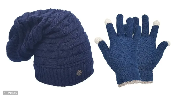 Buttons  Bows Winter Beanie Cap with Hand Gloves Touch Screen for Men  Women, Warm Cap (Blue)