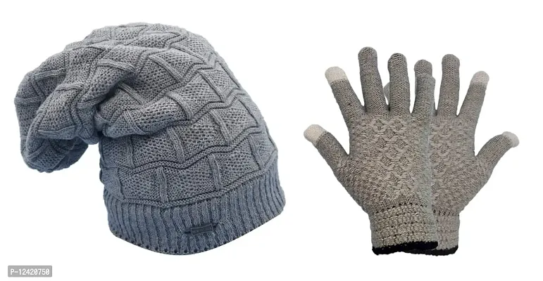 Buttons  Bows Winter Beanie Cap with Hand Gloves Touch Screen for Men  Women, Warm Cap (Grey-A)