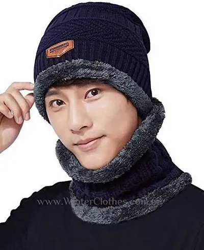 Buttons & Bows Winter Cap & Neck Scarf with Fleece, Unisex Neck Warmer for Men & Women, Warm Neck and Cap- Set of 02 Pieces