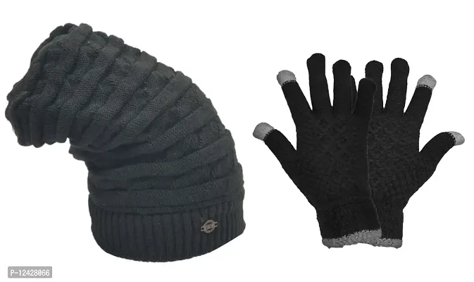 Buttons  Bows Winter Beanie Cap with Hand Gloves Touch Screen for Men  Women, Warm Cap (Black)