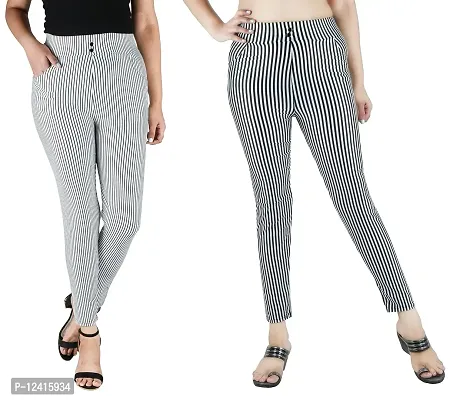 Buttons  Bows Women Jegging/Treggings,High Waist Size: 26-34 Inch, Body fit,Stretchable Formal Pants with Stripes,Ankle Length with Pockets,Gym/Yoga wear,Casual/Office -02 Pieces
