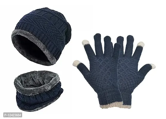 BB-Buttons  Bows Winter Cap, Neck Scarf/Neck Warmer With Hand Gloves Touch Screen for Unisex, Warm Neck  Cap (Cap+Neck Set+Gloves-Blue)