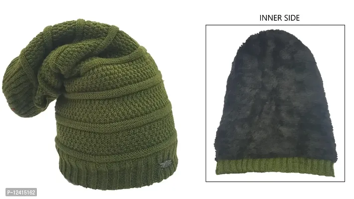 Buttons  Bows Knitted Beanie/Woolen Winter Cap with fleece, Unisex Knitted Beanie Cap for Men  Women,-02 Pieces, Blue - Green-thumb2