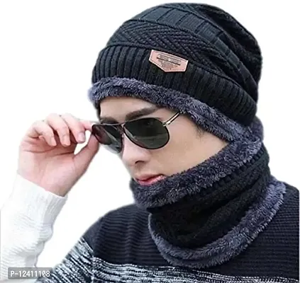 BB-Buttons  Bows Unisex's Beanie Hat (Winter Cap  Neck Scarf_Black_Free Size)