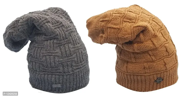 Buttons  Bows Knitted Beanie/Woolen Winter Cap with fleece, Unisex Knitted Beanie Cap for Men  Women,-02 Pieces, Dark Grey - Brown