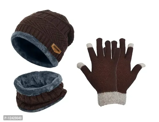 Buttons  Bows Winter Cap, Neck Scarf/Neck Warmer with Hand Gloves Touch Screen for Men  Women, Warm Neck and Cap (Cap+Neck Set+Gloves-Brown)-thumb0