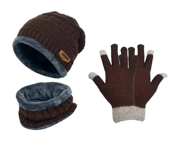 Buttons & Bows Winter Cap, Neck Scarf/Neck Warmer with Hand Gloves Touch Screen for Men & Women, Warm Neck and Cap