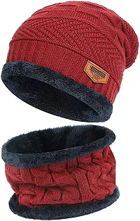 Buttons  Bows Knitted Winter Cap  Neck Scarf with Fleece, Unisex Beanie Cap with Neck Warmer for Men  Women, Warm Neck and Cap Set- Set of 02 Pieces (Red)-thumb1