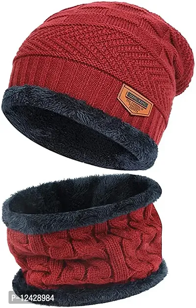 Buttons  Bows Knitted Winter Cap  Neck Scarf with Fleece, Unisex Beanie Cap with Neck Warmer for Men  Women, Warm Neck and Cap Set- Set of 02 Pieces (Red)-thumb2