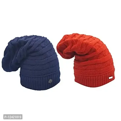 Buttons  Bows Knitted Beanie/Woolen Winter Cap with fleece, Unisex Knitted Beanie Cap for Men  Women,-02 Pieces, Red-Blue