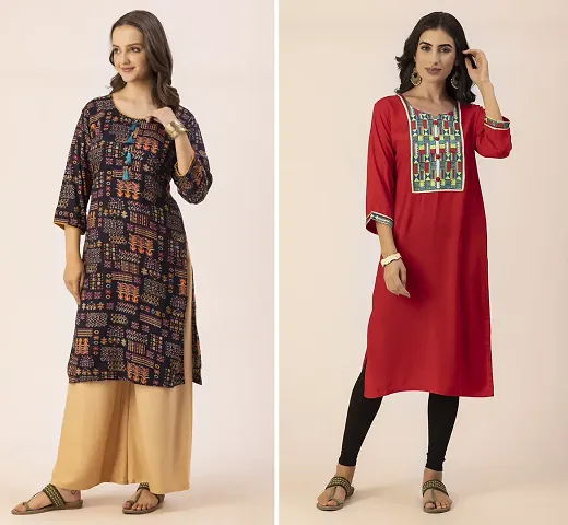 Classic Rayon Embroidered A-Line Kurti - Pack of 2