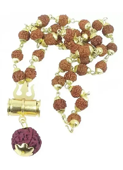 Rudraksha Mala with Trishul Damru Pendant Brass Wood Chain Beads Gold-plated Plated Brass Chain pc 2