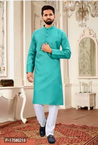 Stylish Green Cotton Embellished Kurtas For Men