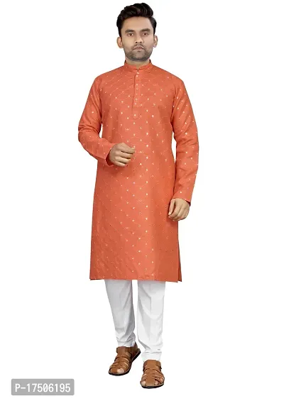 Stylish Orange Cotton Embellished Kurtas For Men-thumb0