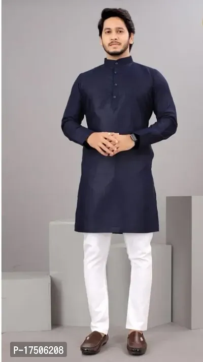 Stylish Navy Blue Cotton Embellished Kurtas For Men