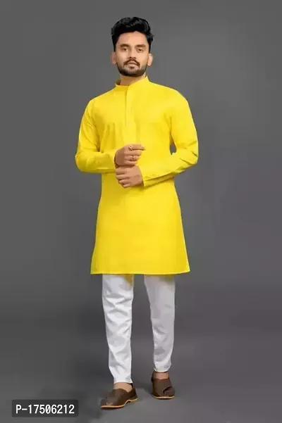 Stylish Yellow Cotton Embellished Kurtas For Men