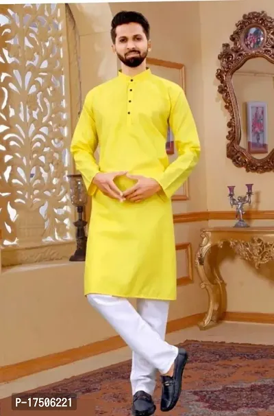 Stylish Yellow Cotton Embellished Kurtas For Men