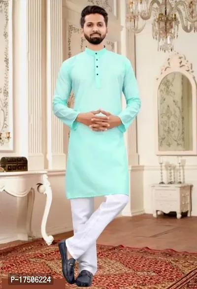 Stylish Green Cotton Embellished Kurtas For Men