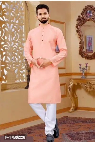 Stylish Peach Cotton Embellished Kurtas For Men-thumb0