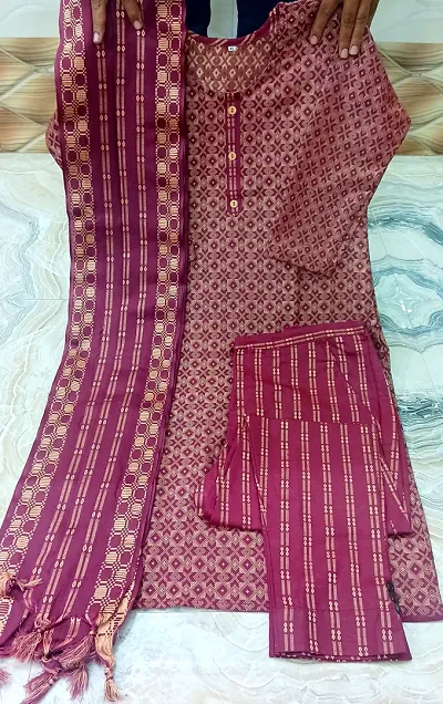 Elegant Khadi Cotton Self Pattern Kurta Bottom Dupatta Set