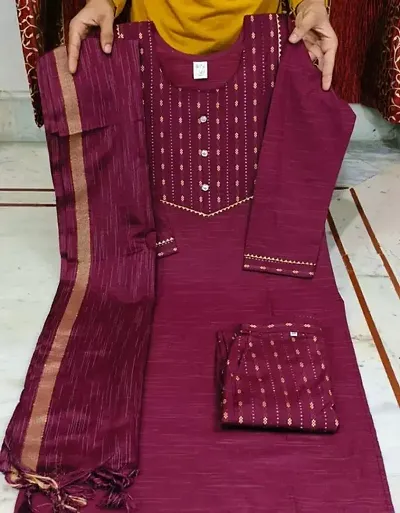 Stylish Khadi Cotton Embroidered Kurta Bottom Dupatta Set