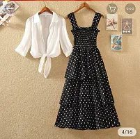 Milkyway Women Stylish Elegant Look Ankle Length 3 Layered Polka Dot Dress with White Shug -Black-thumb1