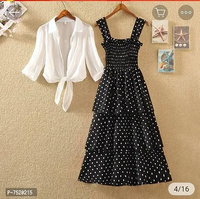 Milkyway Women Stylish Elegant Look Ankle Length 3 Layered Polka Dot Dress with White Shug -Black-thumb2